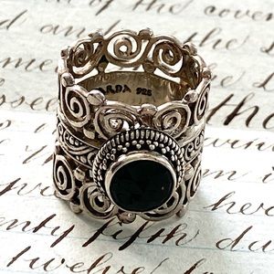 Stunning Sarda Sterling Silver 925 Ring with Large Faceted Black Stone Size 6